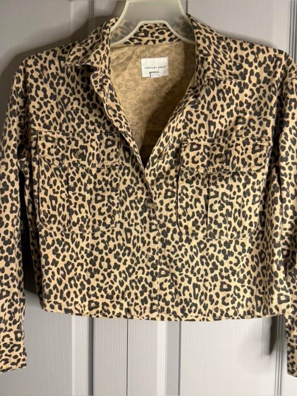 American Eagle Outfitters Beige & Black Leopard-Print Cropped Shacket